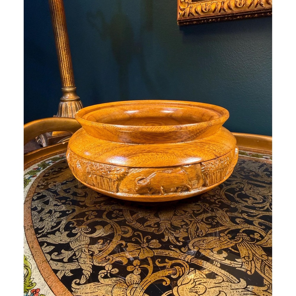 Vintage Hand-Carved Wood Bowl‎ 8"with Rustic Village Scene